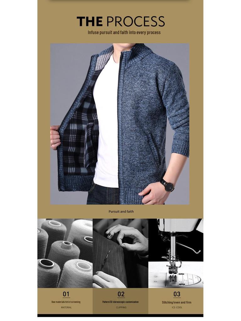 Men's Korean Style Loose Plus Size Fleece-Lined Cardigan Sweater - Solid Color, Autumn/Winter