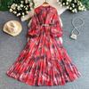 Retro romantic style rose print lantern sleeve dress women's high sense waist pleated pendulum elegant long skirt