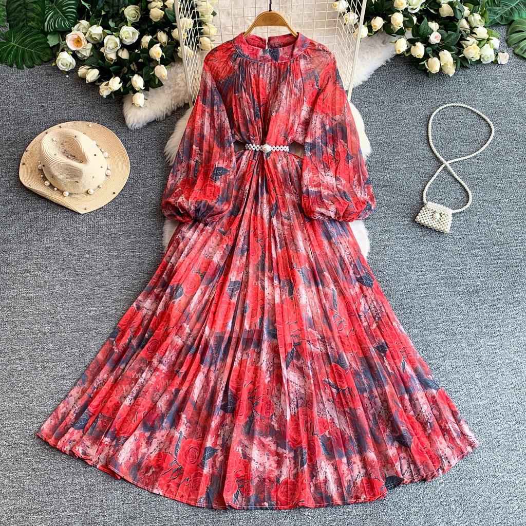 Retro romantic style rose print lantern sleeve dress women's high sense waist pleated pendulum elegant long skirt