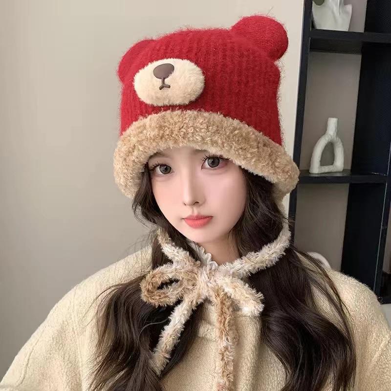 Cute bear bag hat one hat dual-purpose winter face small thermal tether plush knitted wool hat