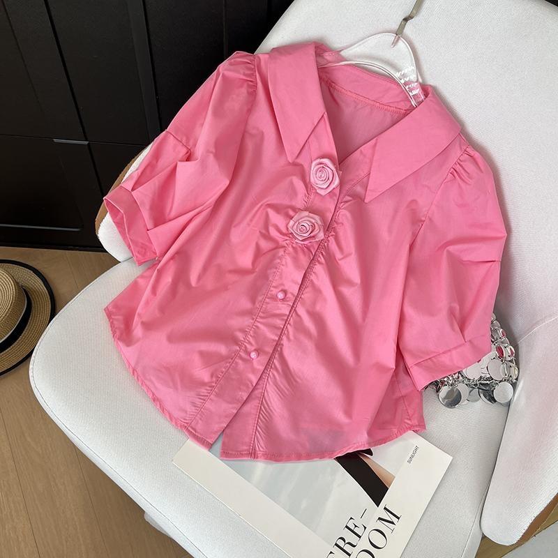 

Рубашка женская летняя в ретро-стиле Гонконг, розовая с коротким рукавом, тонкая, с чувством дизайна, нишевый топ 3XL ([Recommended 138-75kg]) розы красного