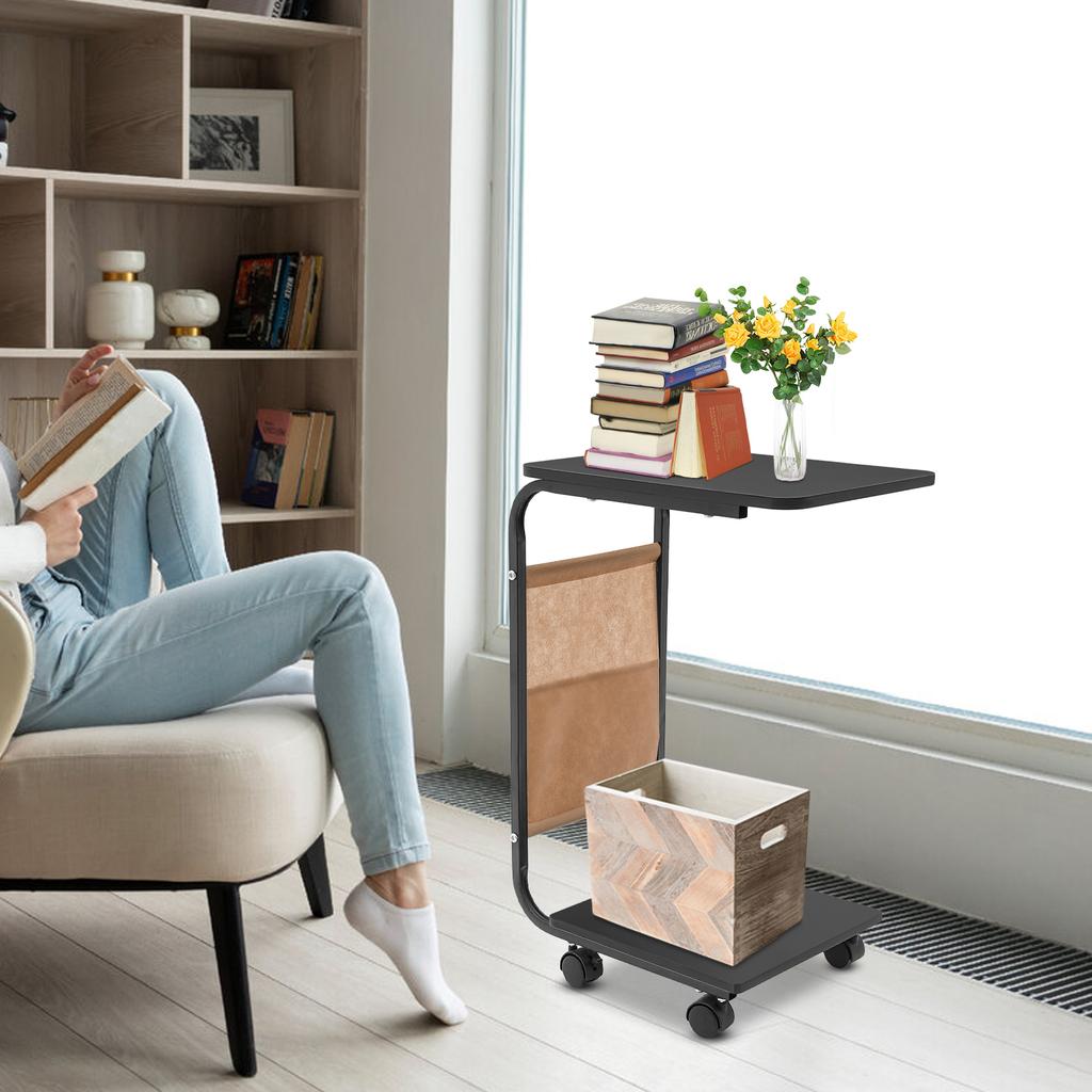 C-Shaped MDF Side Table,Black/Brown/Wood Color 2 Tiers Small C Table with Wheels Floorstanding for Sofa and Bed