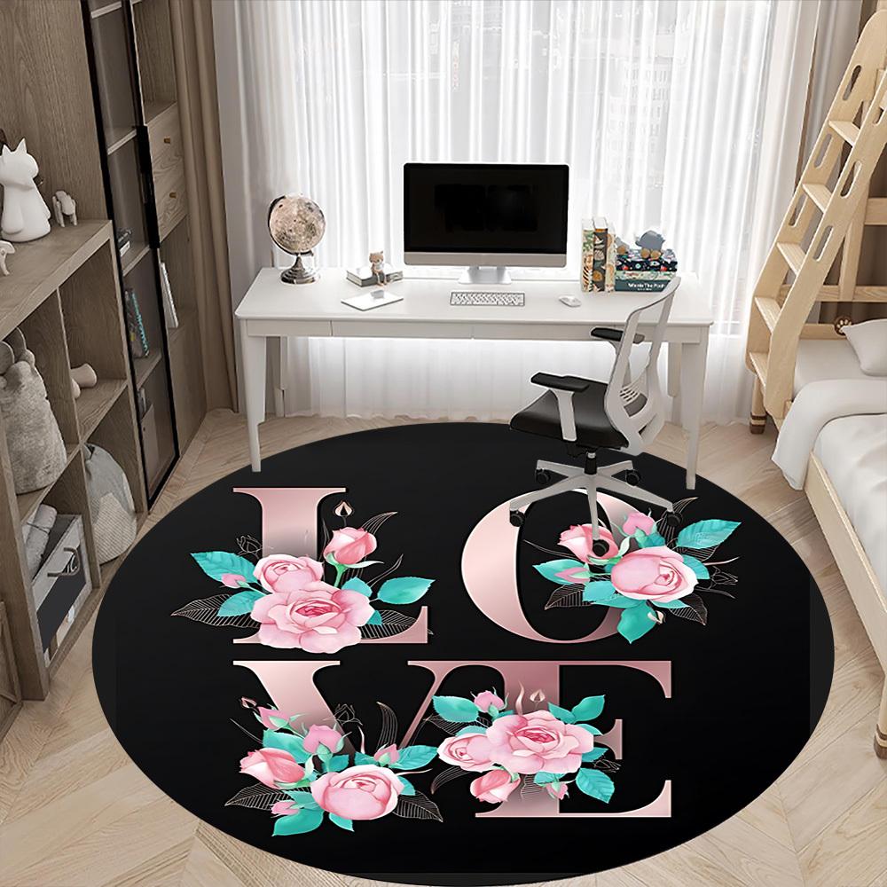 1 st Blommigt Kärlekstryck Stolmatta för Kontor, Rund Polyestermatta, Inomhusdekor för Kontor, Lättskött Tyg, Tvättbar Halkfri Områdesmatta
