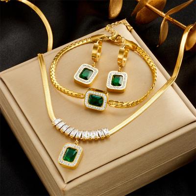 ZAKOL 3 Pezzi Acciaio Inossidabile 316L Lussuoso Non Sbiadisce Quadrato Cristallo Verde Zircone Pendente Collana Orecchini Set di Zirconi Per Donne