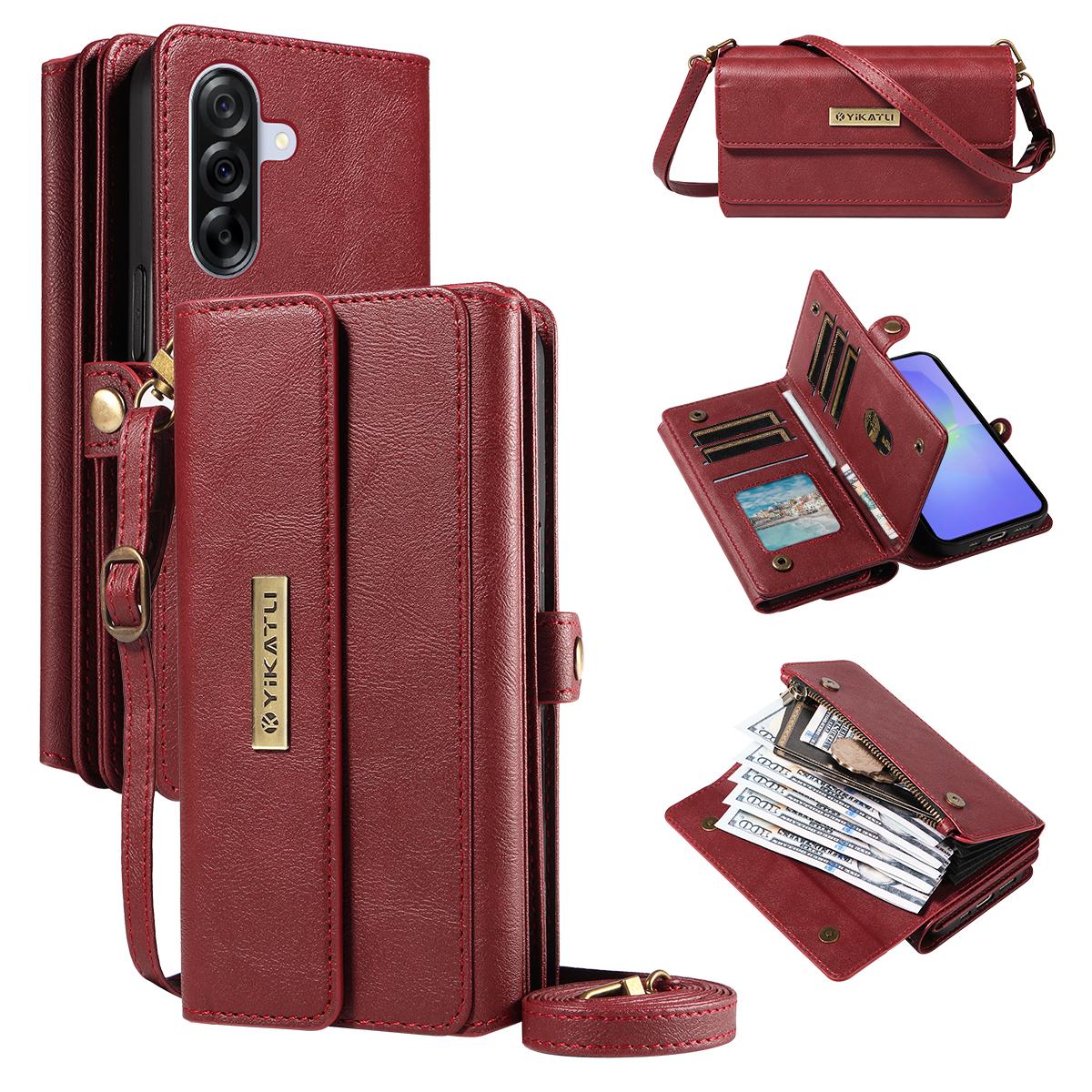 

For Samsung Galaxy A36 5G Case YIKATU YK-008 Zipper Wallet Leather Phone Cover with Shoulder Strap Red