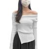 Autumn Retro One-word Shoulder Pullover Shows Thin Split Irregular New Thin Casual Knitted Sweater Top Women