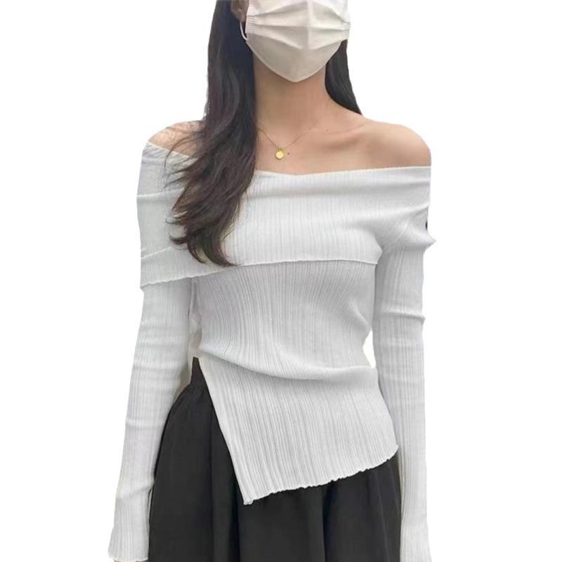 Autumn retro one-word shoulder pullover shows thin split irregular new thin casual knitted sweater top women