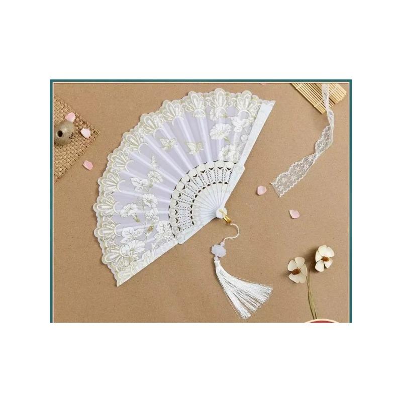 1Pc Chinese Ancient Style Flower Women Folding Fan with Tassel Fringe Hanfu Cheongsam Dance Fan Photo Props Summer Handheld Fan