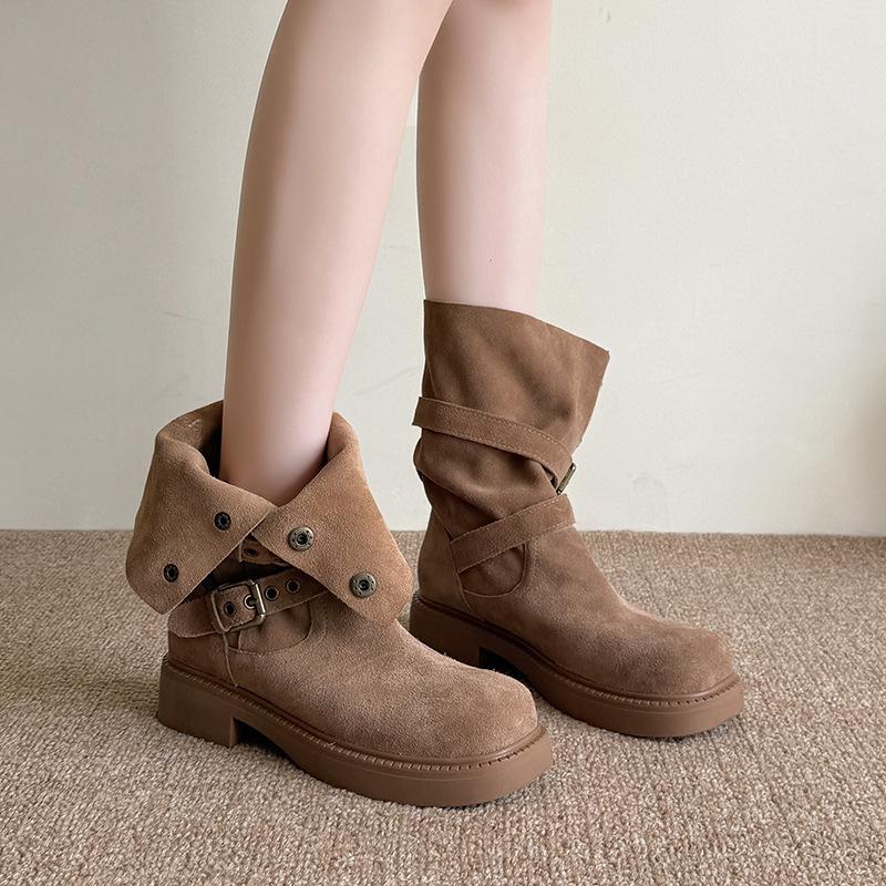 

Western two wear denim fashion boots autumn new with skirt retro Maillard polished thick heel medium boots women 40 хаки