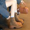 Stylish Back Zip Block Heel Single Boots Autumn New Round Toe Paneled Suede Platform Anti-Slip Wear-Resistant Booties
