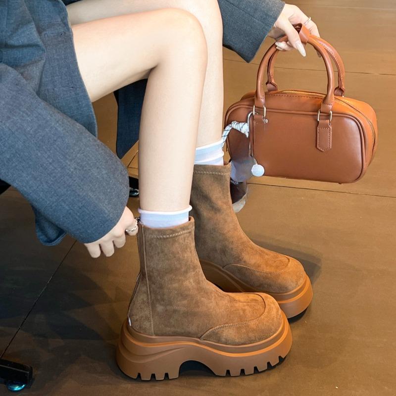 Stylish Back Zip Block Heel Single Boots Autumn New Round Toe Paneled Suede Platform Anti-Slip Wear-Resistant Booties