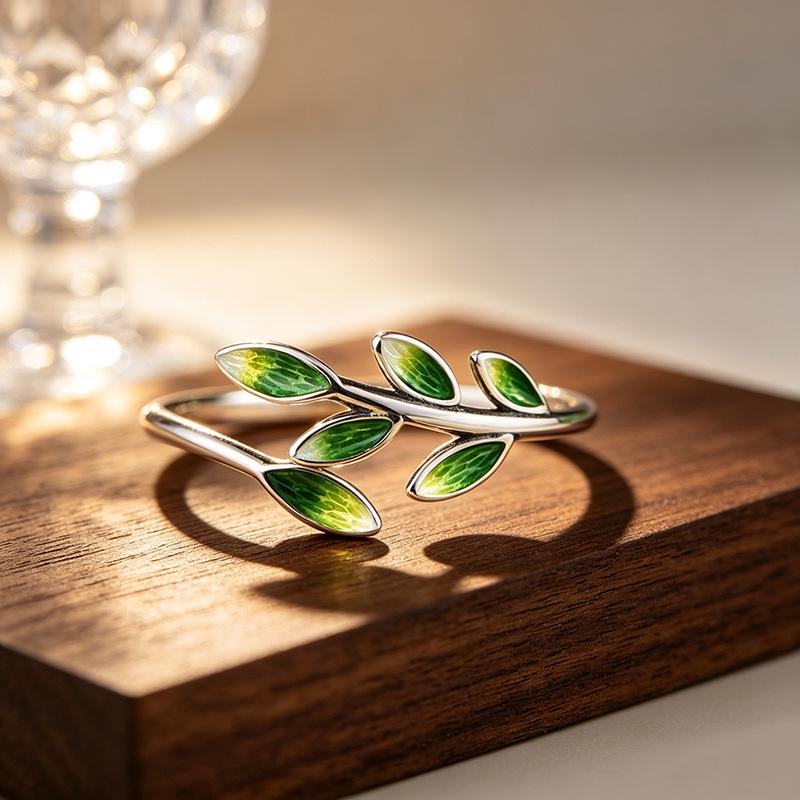 Simple Fresh Forest Style Green Leaf Ring for Women