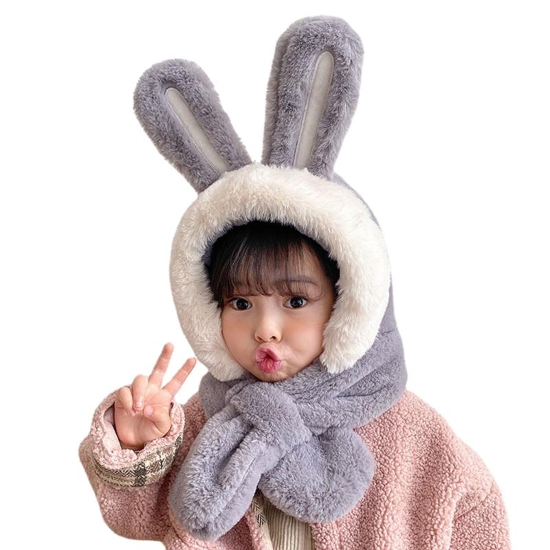 Kids Winter Hat Warm Plush Scarf Hats Thick Earflap Hooded Caps with Rabbit Ears Decoration for Boys Girls Ages 3-8