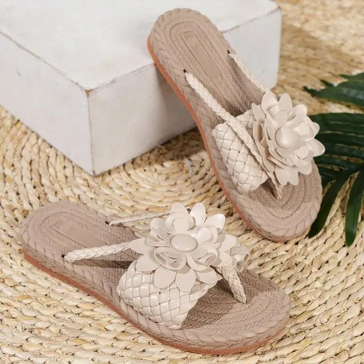 Fashion 2025 Summer Women Slippers Casual Shoes Flat Vacation Holiday Braided Floral Pattern Slippers Toe Post Beach Flip Flops Slides