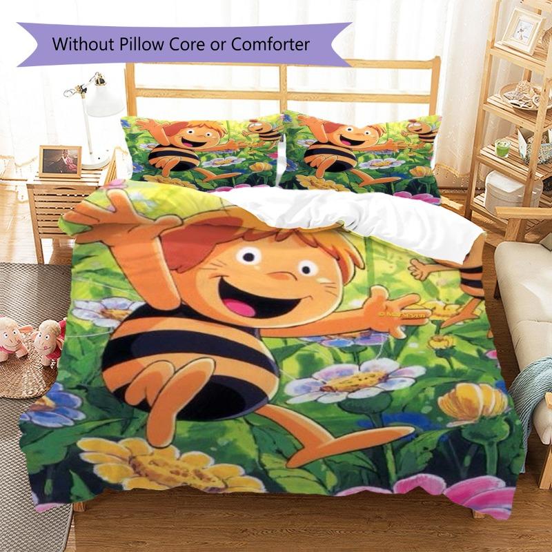 Cute Cartoon Bee and Garden Floral Print 3-Piece Duvet Cover Set – Soft Kids' Bedding for Bedroom Decor