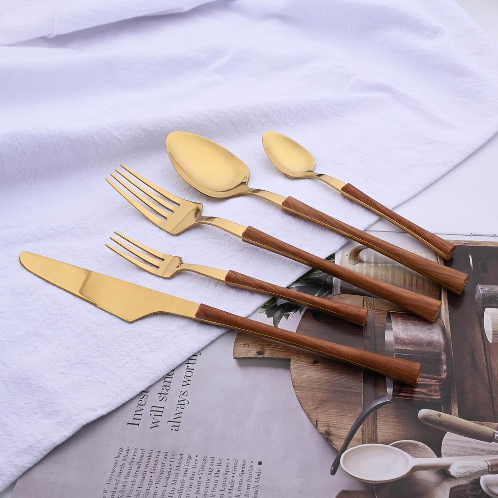 Tableware Dinnerware Set Stainless Steel Knives Forks Spoons with Wood Grain Effect Handle Kitchen Cutlery Flatware Dinner Set