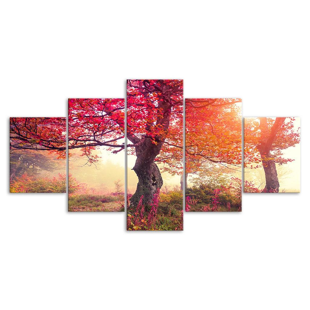Autumn Trees Purple Red Scenery Canvas 5 Piece Five Panel Wall Print Modern Art Poster Home Decor Gift For Him For Her