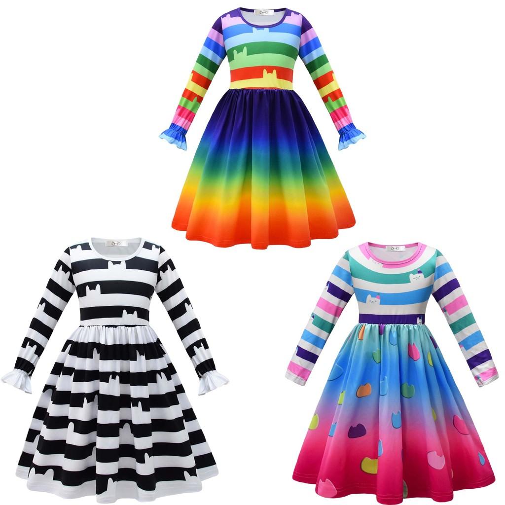 Kids Girls Cartoon Printed Long Sleeves O Neck Casual Dress Halloween Cosplay Costumes