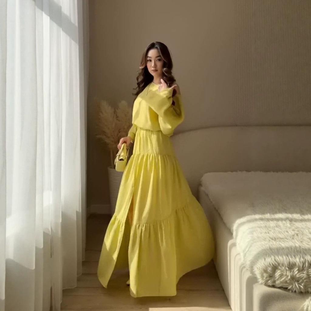 European and women's clothing new holiday style diagonal collar long-sleeved loose top open fork wide swing long skirt set