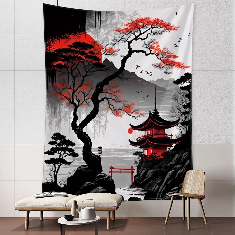 Forest Pagoda Landscape Tapestry Wall Hanging Simple Art Bohemian Modern Art Living Room Bedroom Home Decor Background Cloth
