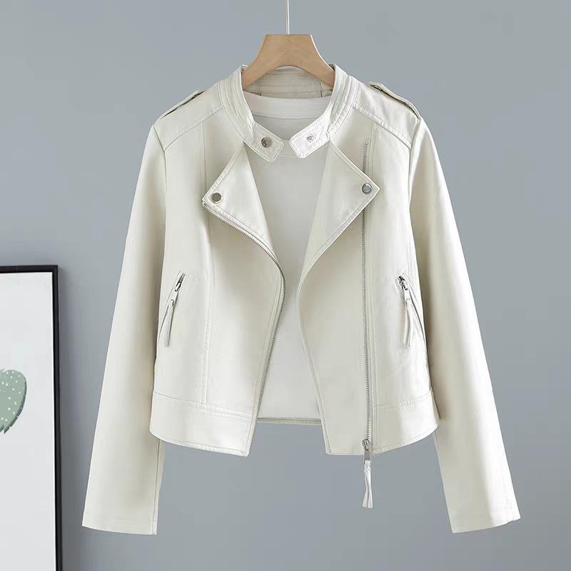 

Women s PU Leather Biker Jacket - Slim Fit, Round Neck, Short Length, Korean Style for Spring & Autumn Medium