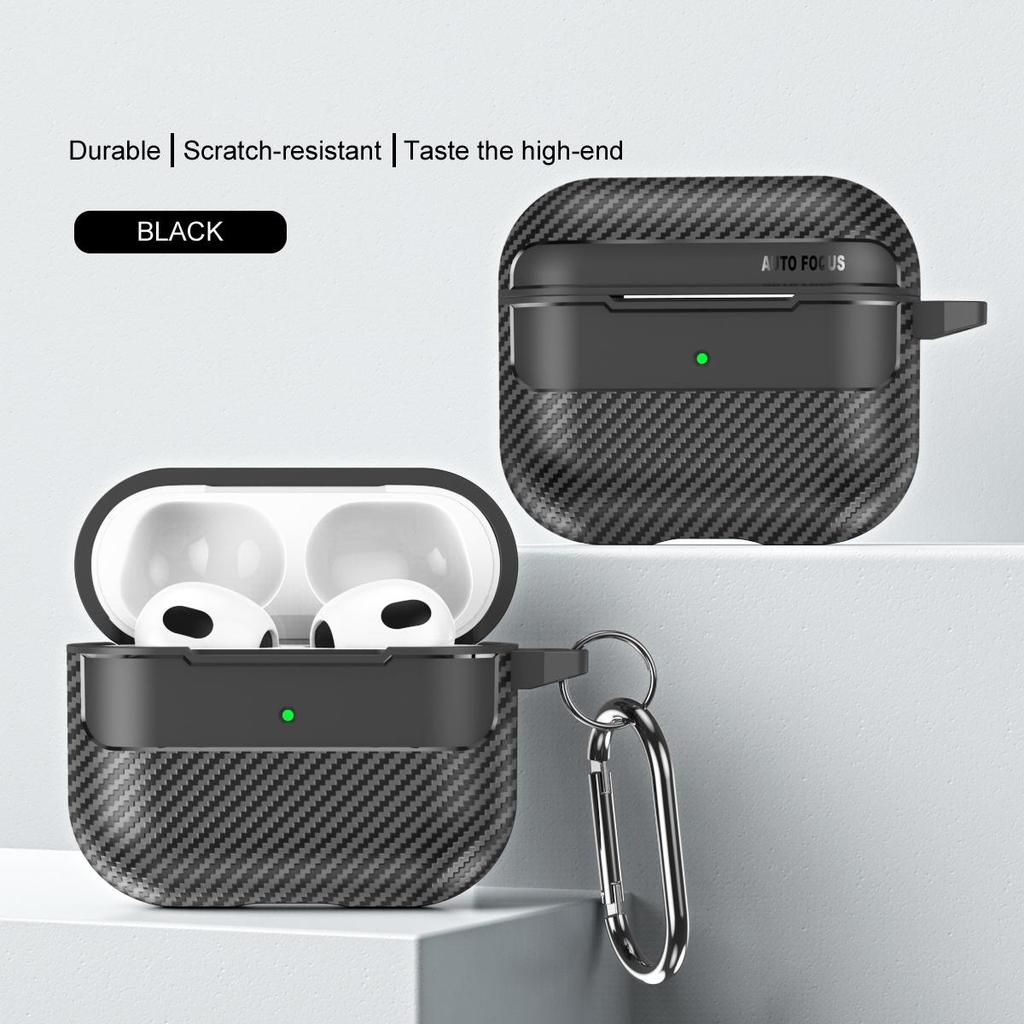 Waterproof Carbon Fiber Texture Soft Silicone Earphone Case With Keychain Hook For Apple Airpods Pro 2 Generation 2nd Air Pods 3 Gen Shockproof Cover