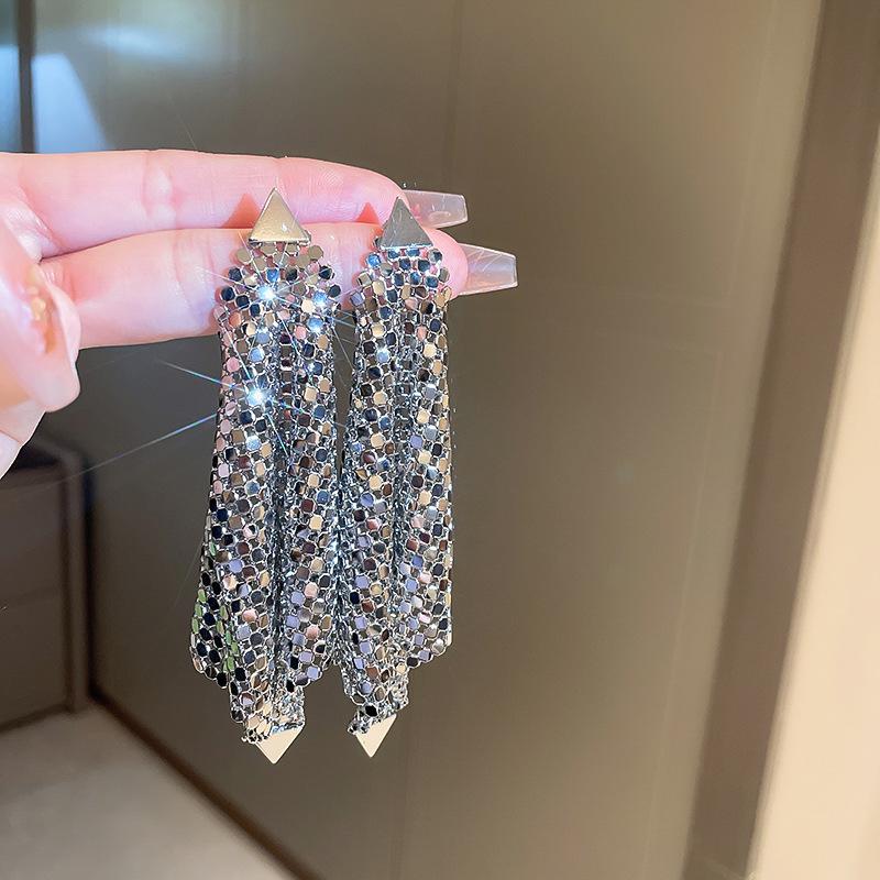 Silver Needle U-Shaped Sequin Tassel Earrings - European & American Heavy Metal Style