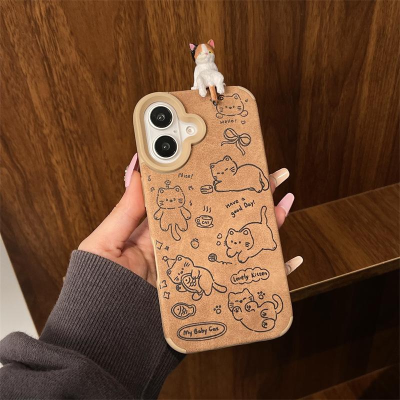 

Fun Cartoon Girl Heart Ins Cute Niche Velvet Brown Bottom Lying Cat for Apple 16proma For iPhone XS