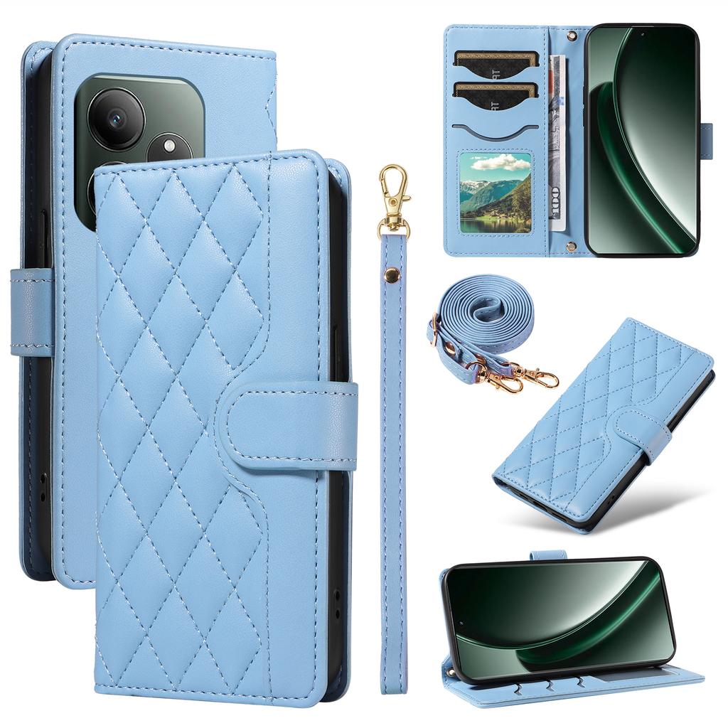 For Realme GT 6 5G Case Wallet Rhombus Leather Phone Cover with Shoulder Strap,Wrist Strap