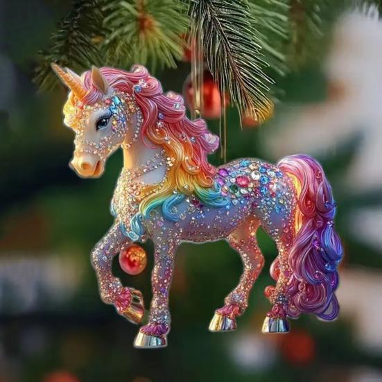 Horse Christmas Ornaments Glitter Rhinestone Horse Christmas Tree Hanging Ornament 2D Flat Acrylic Car Rear View Mirror Charm for Holiday Home Decor