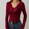 Herbst/Winter Neu Sexy Einlagig Florale Spitze Fächerbesatz Basisschicht Shirt Top Frau