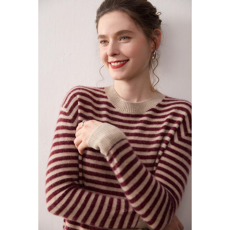 Women's Striped Cashmere Sweater - 2025 Autumn/Winter, Half-High Neck, Sweet Style, Loose Slimming Pullover