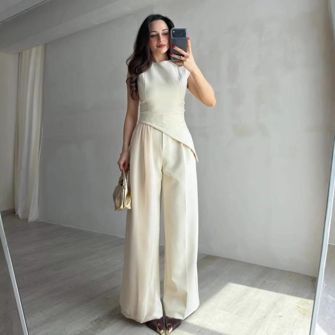 Cross-border 2026 spring and autumn new suit women s loose sleeveless irregular top temperament wide-leg pants XS абрикосовый