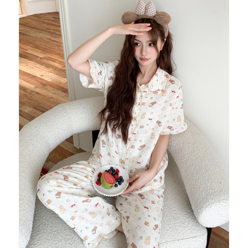 Casual style cartoon printed pajamas women's 11 spring and summer new pure cotton lapel ruffle edge can be worn outside loungewear suit