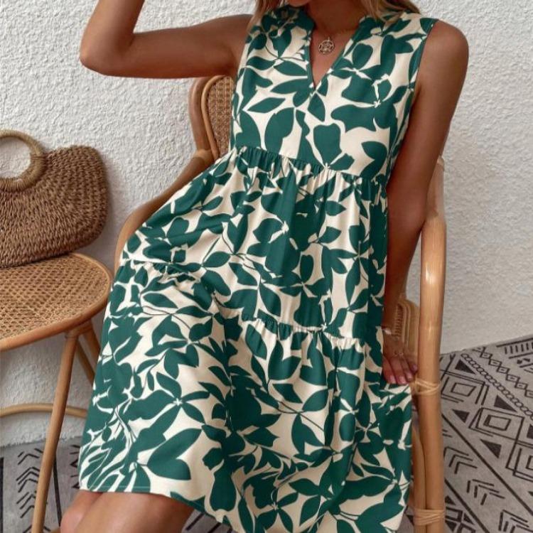 Fashion Bohemian Dress Women Printed V Loose Pleated Neck