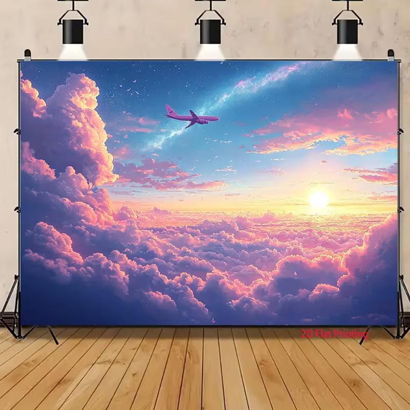2D Dreamy Room Backdrop, Airplane Flying Over Cotton Candy Clouds At Sunset Background