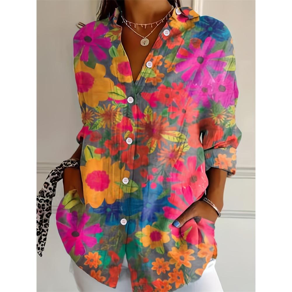 New Summer Fashion Women's Lapel Shirt Big Size Button Long Sleeve Daily Weekend V Neck Tops Floral Printed Loose Casual Shirt