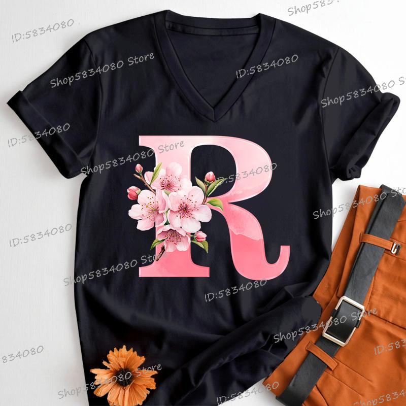Pink Sakura Alphabet Shirts Gift for Women Letter S Floral Monogram Cartoon Tshirt Cherry Blossom Letters A B C D Casual Tops