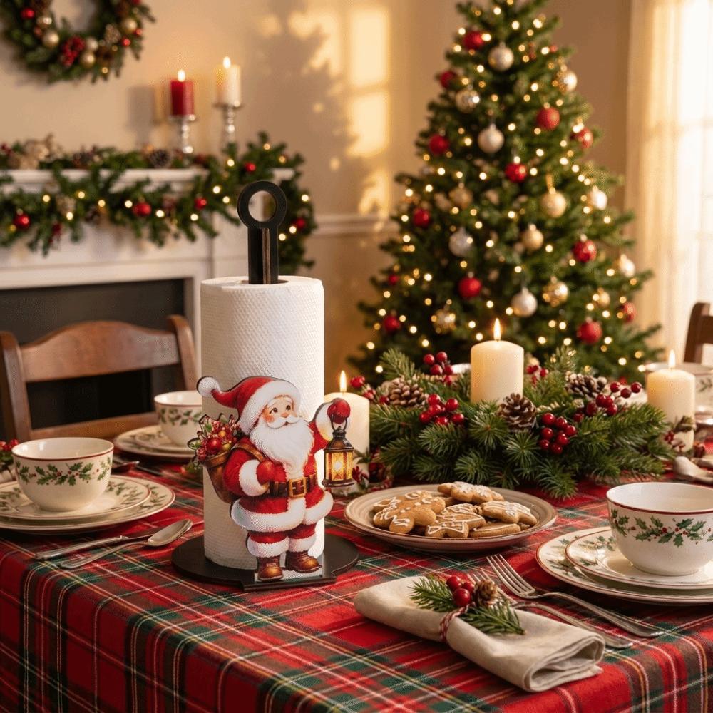 2D Flat Christmas Tissue Holder Wooden Santa Claus Vertical Napkins Rack Cartoon Elk Paper Towel Holder Countertop