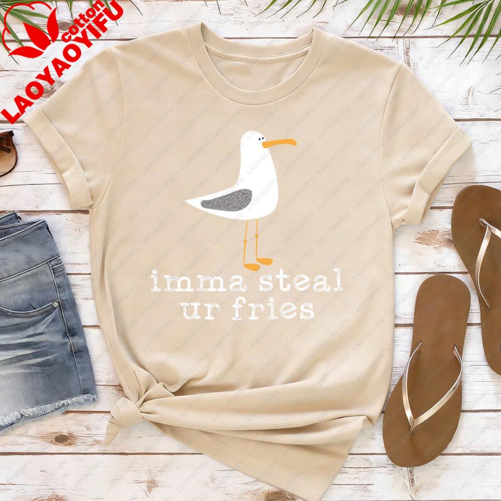 Seagull Print Women TShirt Casual Summer Short Sleeve Cotton Top Fashion Beach Outfit Gift for Her Cute Seagull Print Clothes