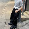 Mens Baggy Straight Fit Denim Jeans With Curved Button Row Retro Style Water Washed Cotton Blend