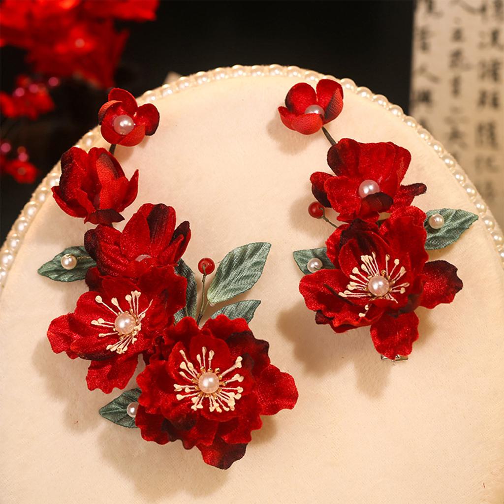 Red Hair Clips Chinese Style Alloy with Imitation Pearls Decor for Wedding Festival Hanfu Hairstyle