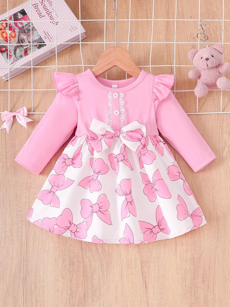 Girls Long Sleeve Ruffle Dress Basic Crewneck Everyday Dress Soft Print Dress For Kids