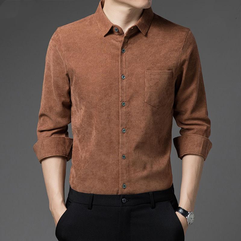 

2023 New Spring and Autumn Leisure Business Fashion Loose Oversize Thickened Non Ironing Polo Collar Solid Men s Corduroy Shirt M коричневий