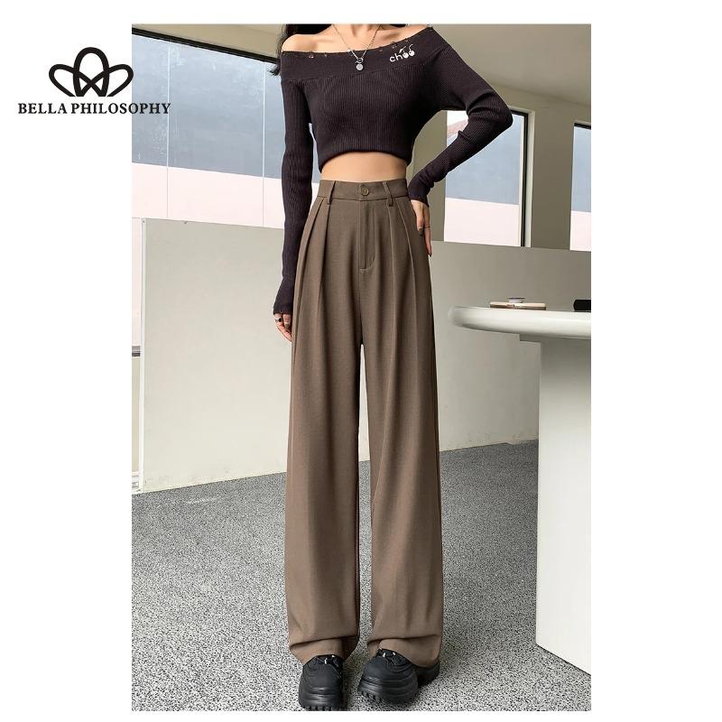 

Прямые широкие коричневые брюки в стиле ретро, ​​винтажные женские корейские повседневные длинные темно-синие брюки с высокой талией, белые бежевые брюки XXL коричневый