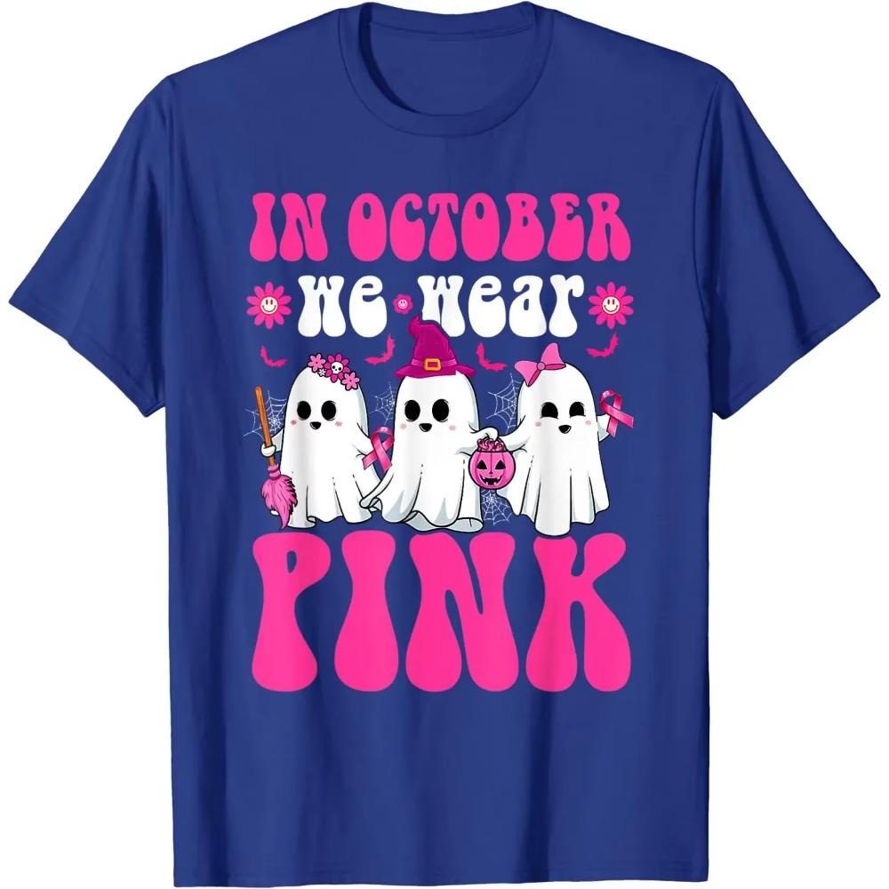 Ghost Wear Pink Breast Cancer Warrior Funny Ghost Halloween T-Shirt for Women Casual  Daily Four Seasons Tees Graphic
