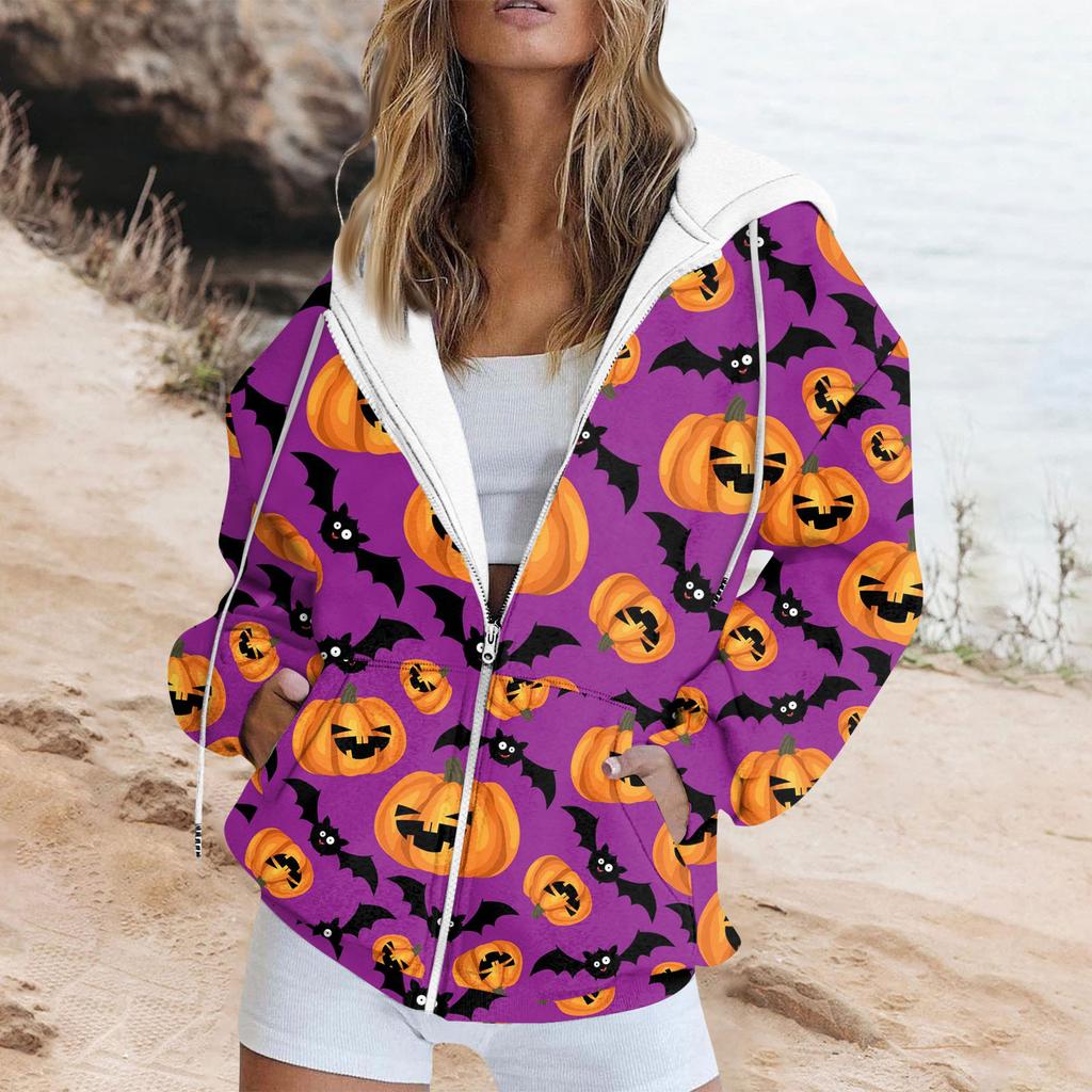 Women's Fashion Casual Halloween Printed Sweatshirt Autumn And Winter Long Sleeve Pocket Cardigan Jacket Zipper Hoodie Coat