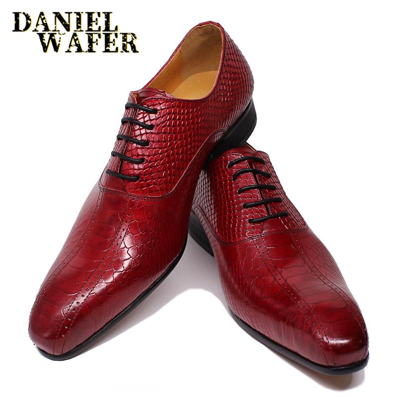Fashion Men's Fashion Handmade Genuine Leather Oxford Shoes Black Red Lace-Up Pointed Toe Formal Office Wedding Snake Print Design