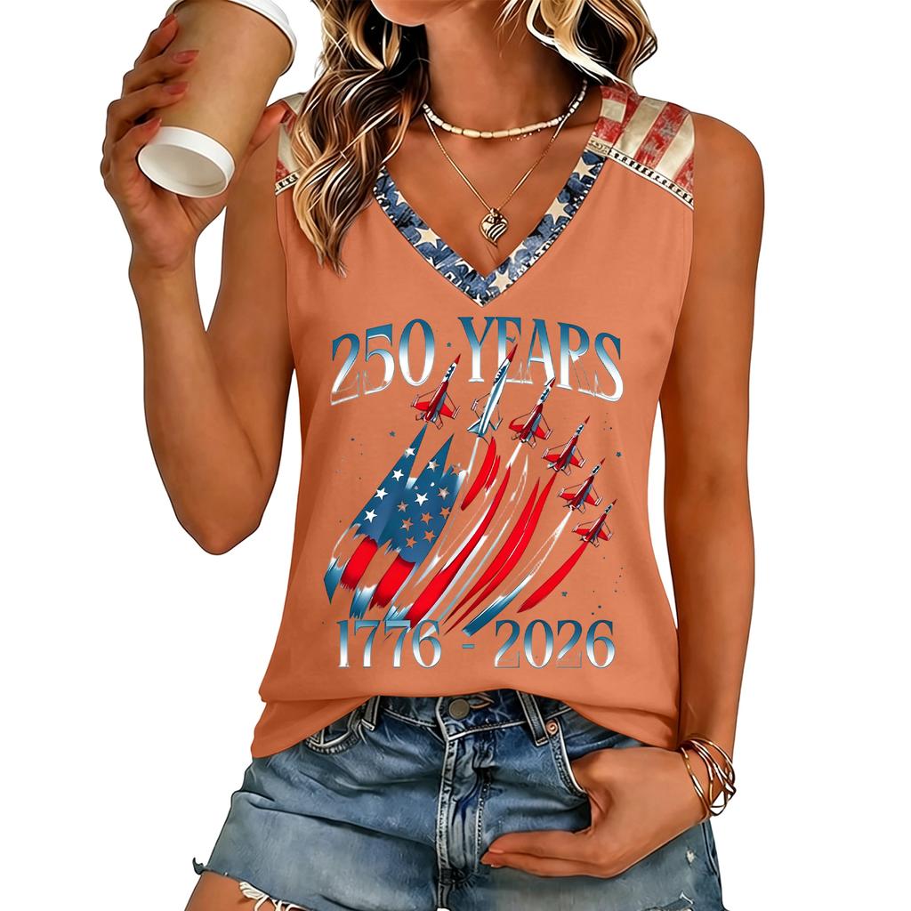 Womens V Neck Casual Short Sleeve Top with 250 Years 1776 2026 Letter Print Loose Fit Lightweight T Shirt for Summer Daily Wear