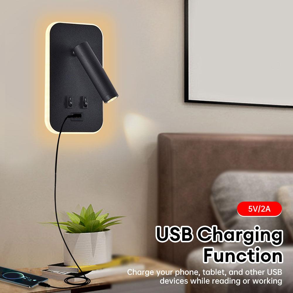 Bedside Wall Lamp Wall Mounted Reading Light with Switch and USB Port Backlight Bedroom Bedside Study Reading Sconce Lamp